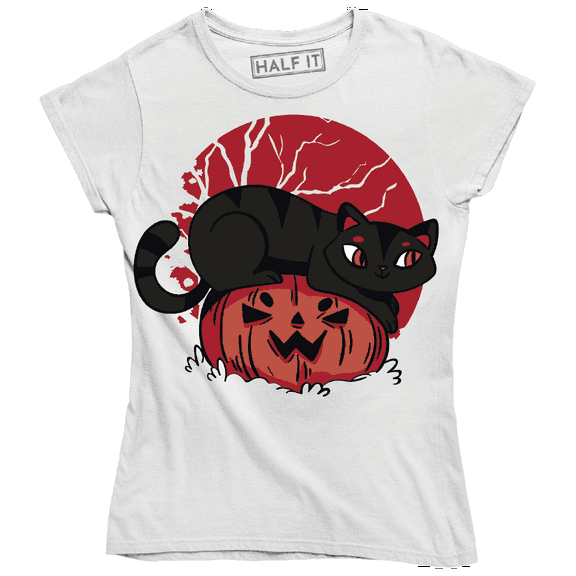 Funny Scary Cat And Pumpkin Happy Halloween Women's T-Shirt