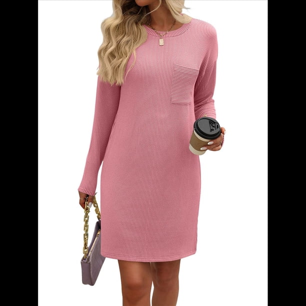 Vestido Mini Informal de Otoño para Mujer, con Cuello Redondo, Larga y Canalé Rosa XXL