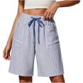 thumbnail image 2 of Shorts Women Dressy New Women’s Linen Striped Shorts, Elastic Waist Drawstring Casual Beach Bottoms, Loose Knee Length Bermuda Shorts with Pockets Light Blue M, 2 of 6