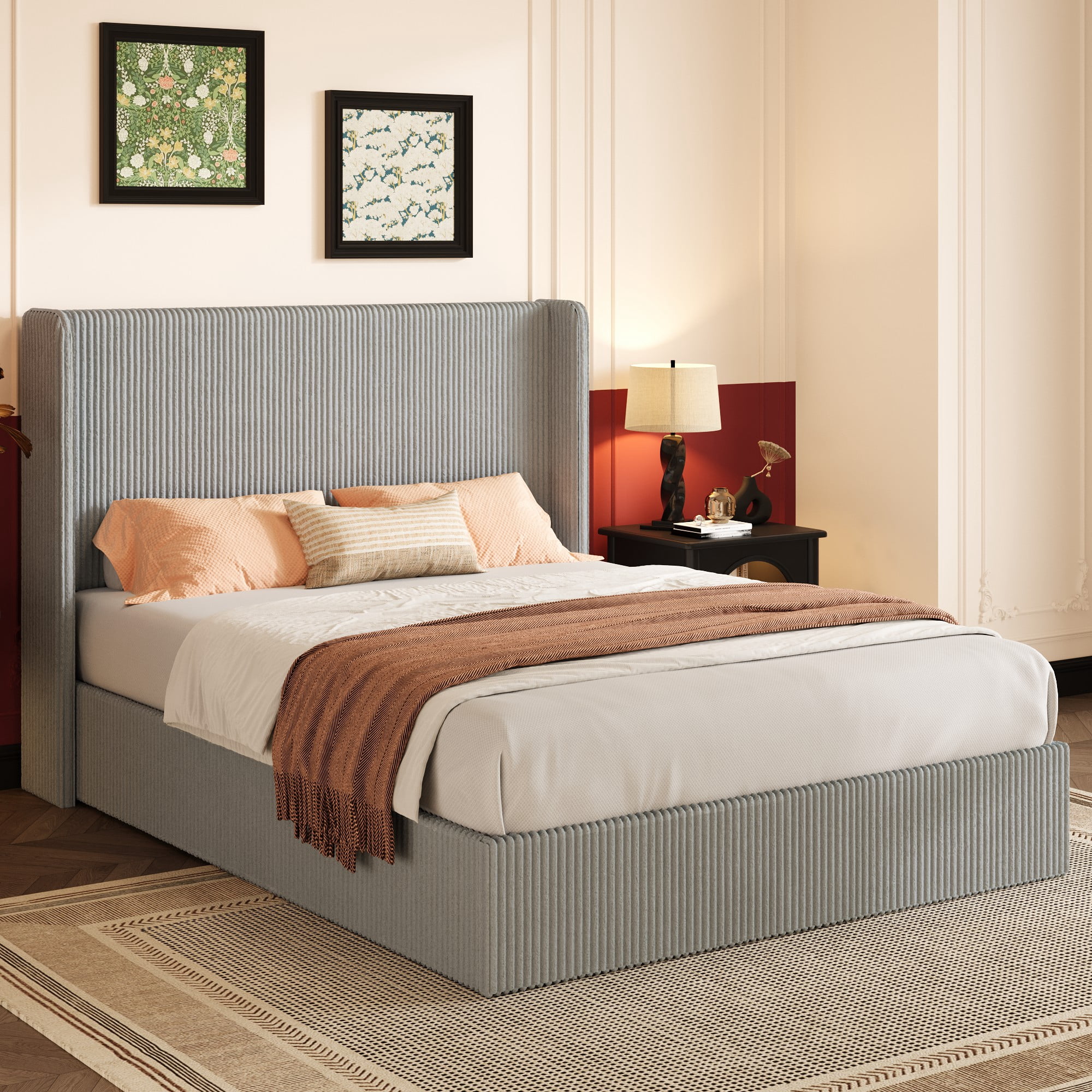 Einfach Queen Size Hydraulic Lift Up Storage Bed Frame, Corduroy Upholstered Wingback Headboard, Ample Under-bed Storage, Gray