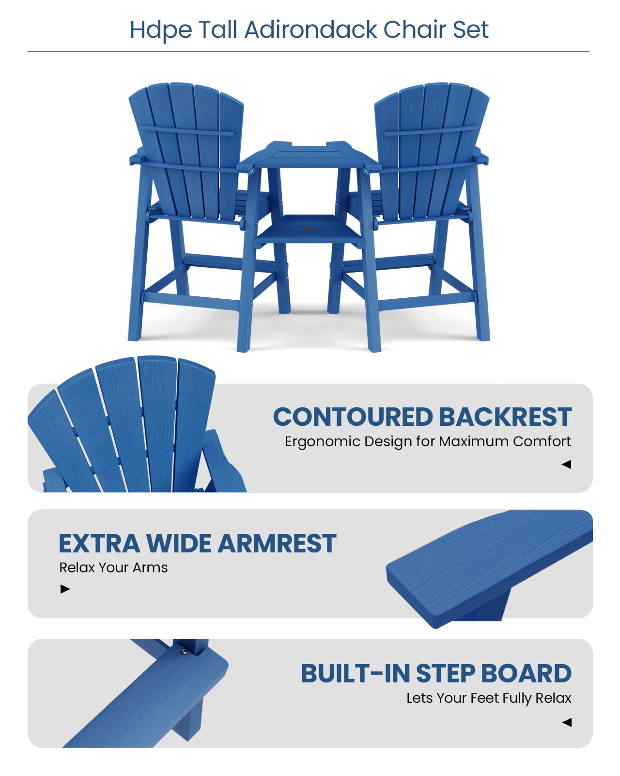 CIOKEA Tall Adirondack Chair Set of 2, All Weather HDPE Patio Chairs with Double Removable Connecting Trays for Balcony, Deck, Backyard, Patio, Garden, Blue