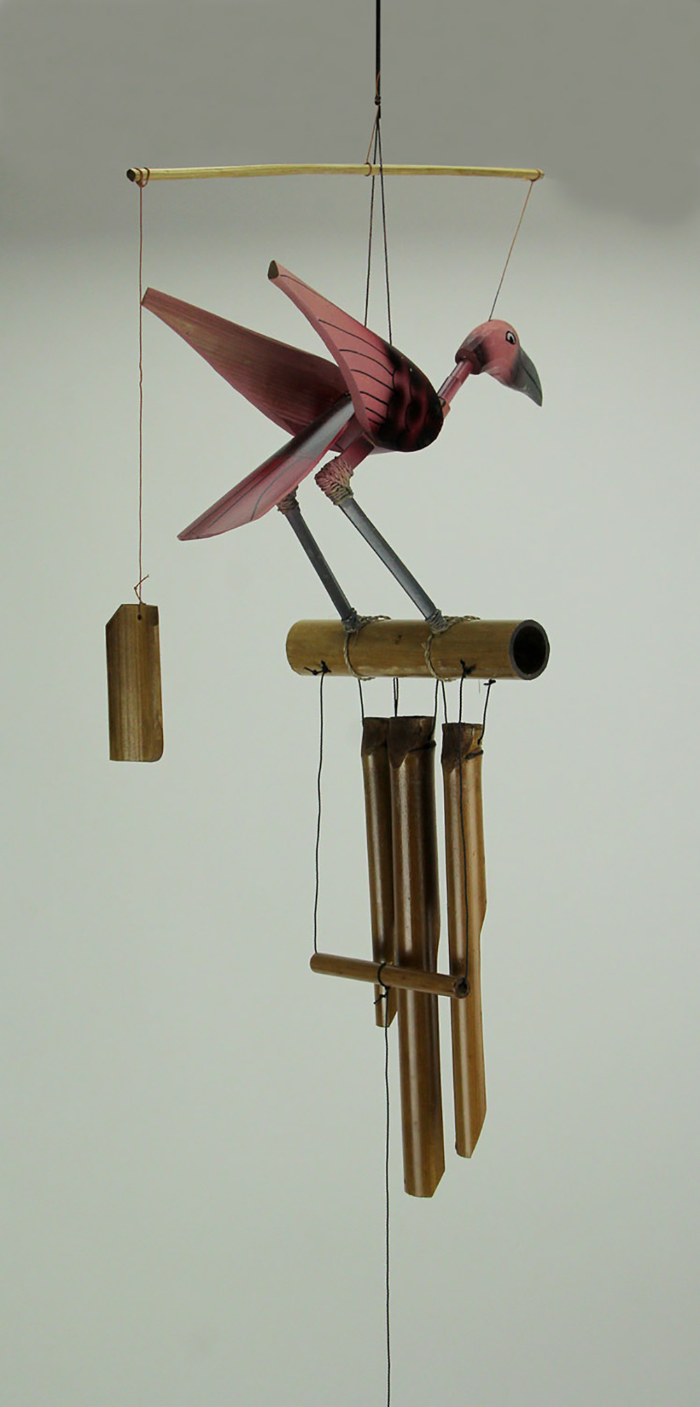 Chesapeake Bay Hand Carved Wood and Bamboo Bobbing Head Pink Flamingo  Wind Chime
