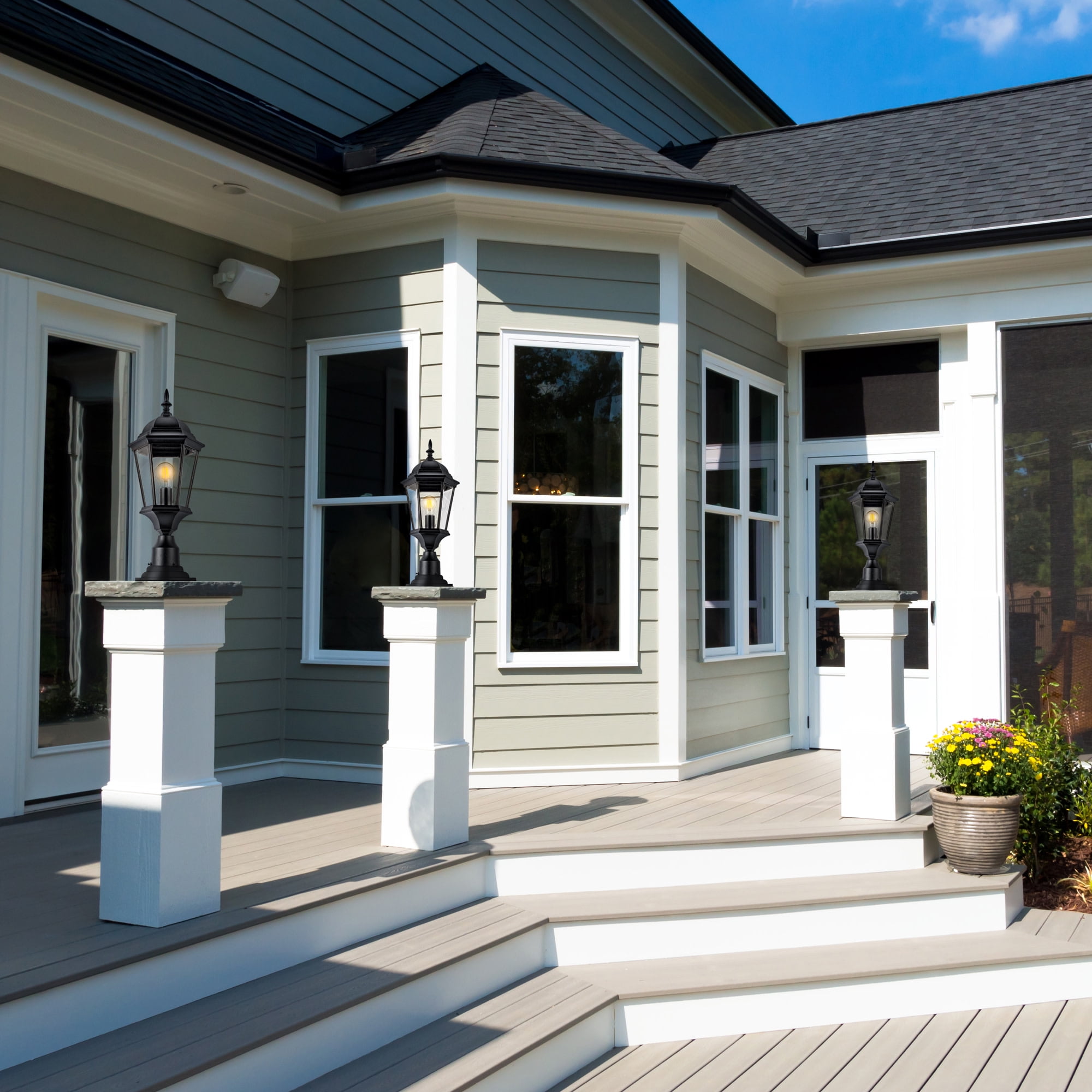 Textured Black Oak Creek Outdoor Post Top Light, Traditional 6-Panel Clear Beveled Glass, Wet Rated
