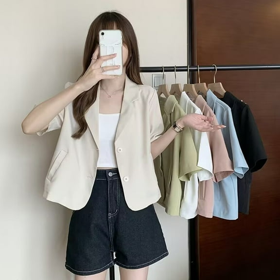 tasrioml Women Suit Coat Lapel Short Sleeve Loose Fit Suit Jacket with Pockets Solid Color Loose Fit Summer Business Coat