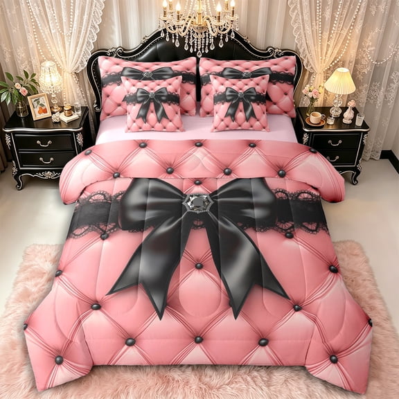 Manfei Black Crystal Bow Knot Twin Bedding Sets 7-Piece for Kids Teens,Girls Women Vintage Plaid Bedding Comforter Set,Pink Reversible,Breathable Home Decor
