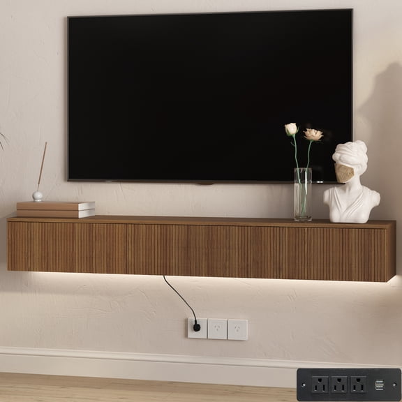 HIUU 65" Walnut Floating TV Stand with 16 Color LEDs,Modern Wall Mounted TV Stand for 55 60 65 Inch TV,Wooden Media Cabinet for Living Room