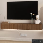 HIUU 65" Walnut Floating TV Stand with 16 Color LEDs,Modern Wall Mounted TV Stand for 55 60 65 Inch TV,Wooden Media Cabinet for Living Room
