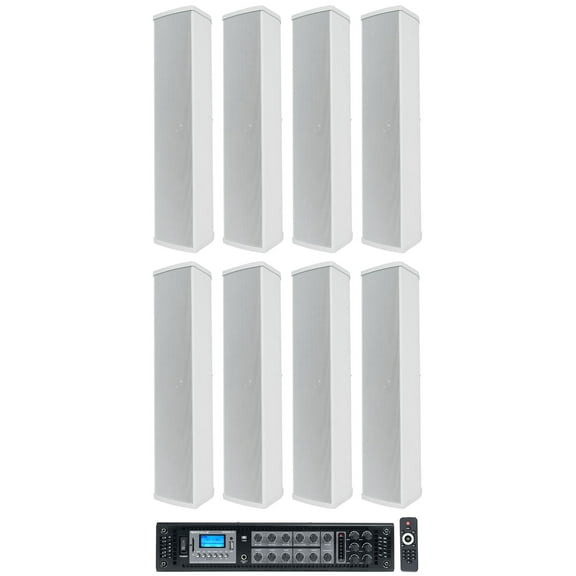 Rockville RCS650-6 70v Commercial Amplifier Amp (8) Line Array Speakers in White