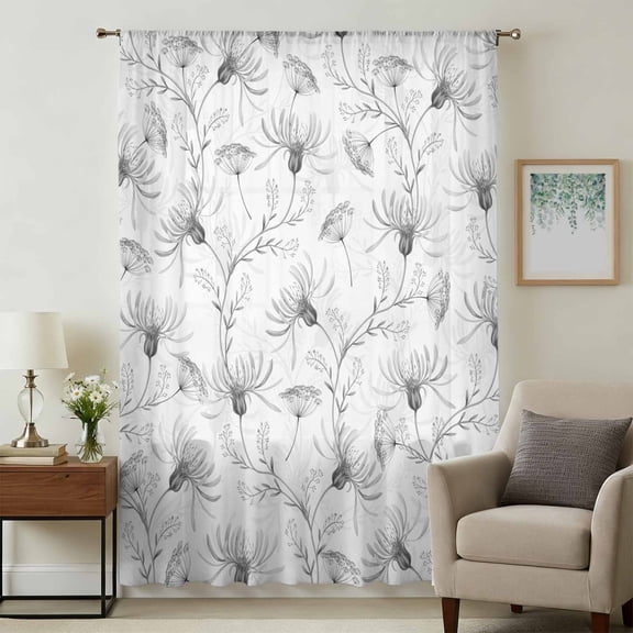 Gray Flowers Sheer Curtains 96 Inches Long, Abstract Floral Plants Pastoral Rustic Light Filering Curtains, Privacy Drapes Simi Floor to Veiling Curtain for Living Room Bedroom Large Window Treatment