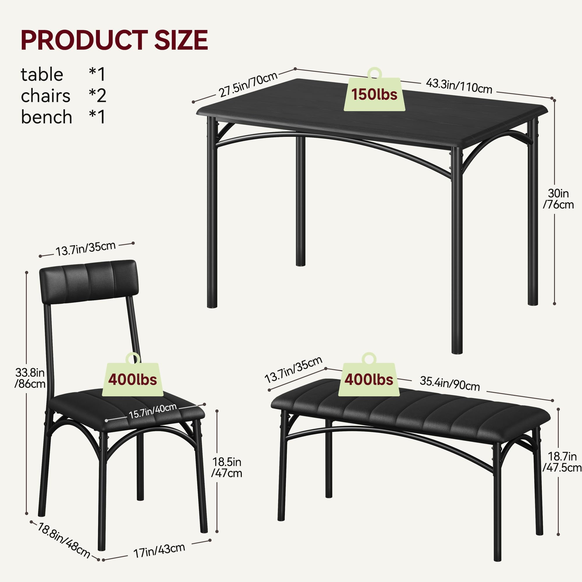 TROPOW Dining Table Set for 4, Kitchen Table with Upholstered Bench and 2 Chairs, Kitchen Table and Chairs Set, for Small Space, Apartment, Home, Kitchen,Black
