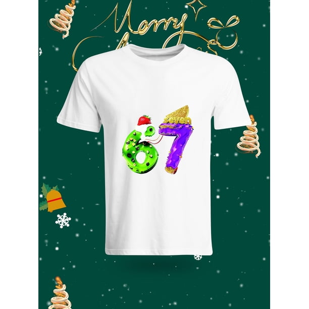 Funny Grinch Number 67 Christmas Theme T - Shirt, Fun Christmas Atmosphere Short - Sleeve Top. This T - shirt features the number 67 with a Grinch design, combining the words "six" and "seven" in a f