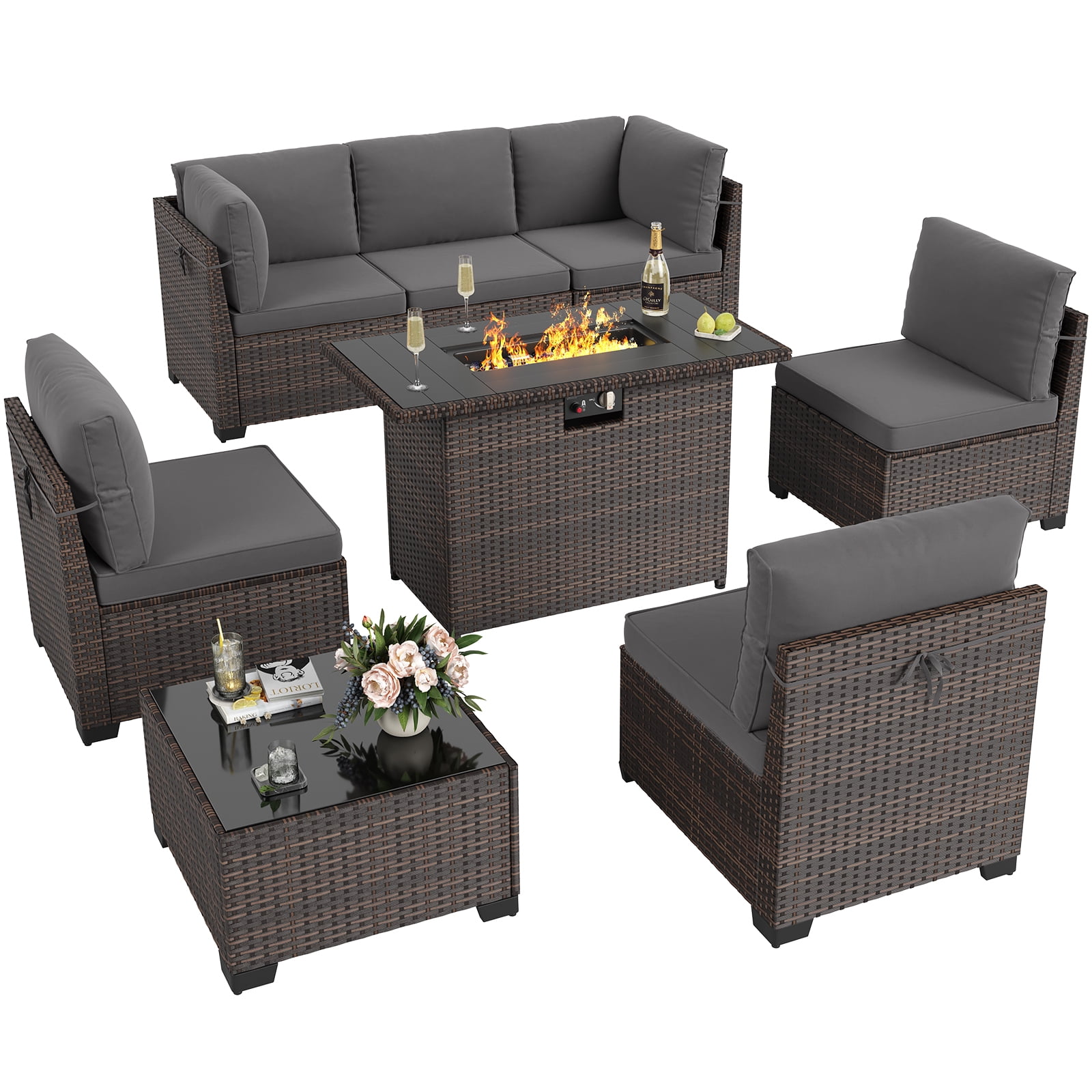 STARY 8 Pieces Outdoor Furniture Set with Fire Pit Table, Wicker Patio Sectional Sofas, All-Weather Outdoor Conversation Set for Garden, Grey