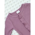 thumbnail image 5 of Kucnuzki Newborn Baby Girls Bodysuits 3-6 Months Winter Warm Clothes Round Neck Long Sleeves Romper Solid Color Knit Jumpsuits Button Bottom One-piece Overalls with Headband 2pcs Purple, 5 of 7