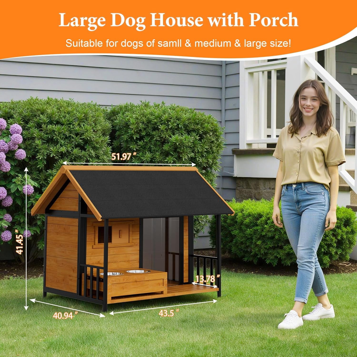 HomeSheek Large Outdoor Dog House with Bowl Stand, Weatherproof Roof & Iron Frame, Easy Assembly, Pet Kennel for Small Medium Large Breeds
