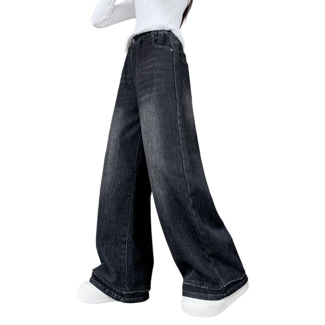 Girls Pants,Casual Winter Wide Leg Denim Fleece Lining for Medium Large Sizes