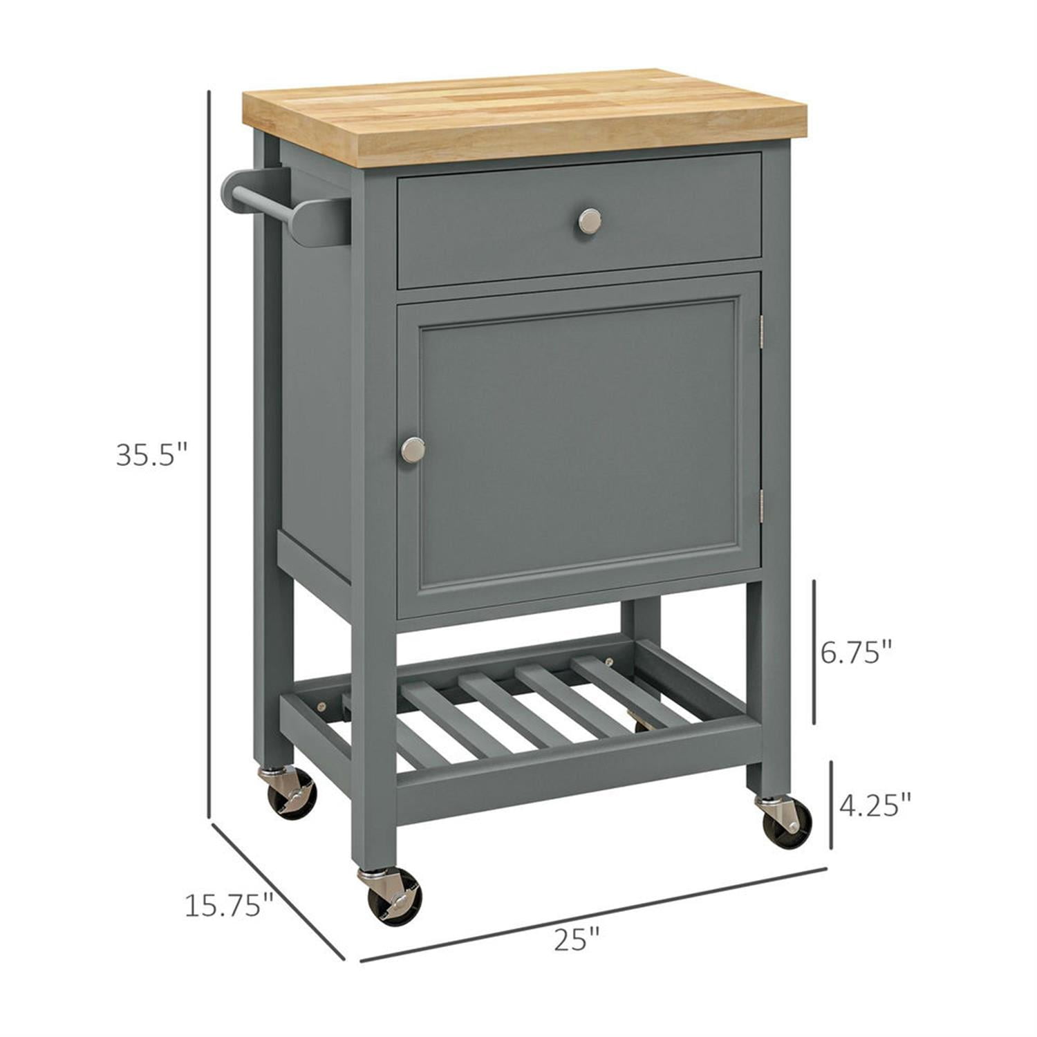 Demi Bonn Kitchen Island Cart on Wheels with Storage, Rolling Dining Room Serving Utility Carts Mobile Movable with Rubberwood Top and Drawer, Gray
