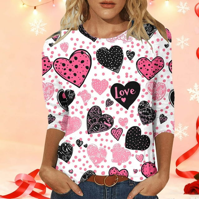 Xuyuer Valentine's Day Print Quarter Sleeve Jacket - Lady's Loose-Fit Casual Crew Neck 3/4 Length T-Shirt Style Top for Romantic Getaways, Cozy Date Nights & Love-Themed Layered Outfits
