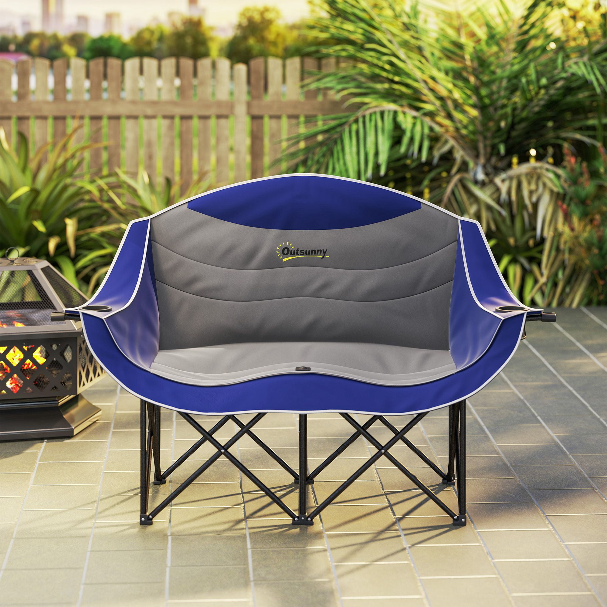 Padded Folding Camp Chair for Adults, Double Camping Chairwith Armrests, Cup Holders, Carry Bag for Outdoor, Blue