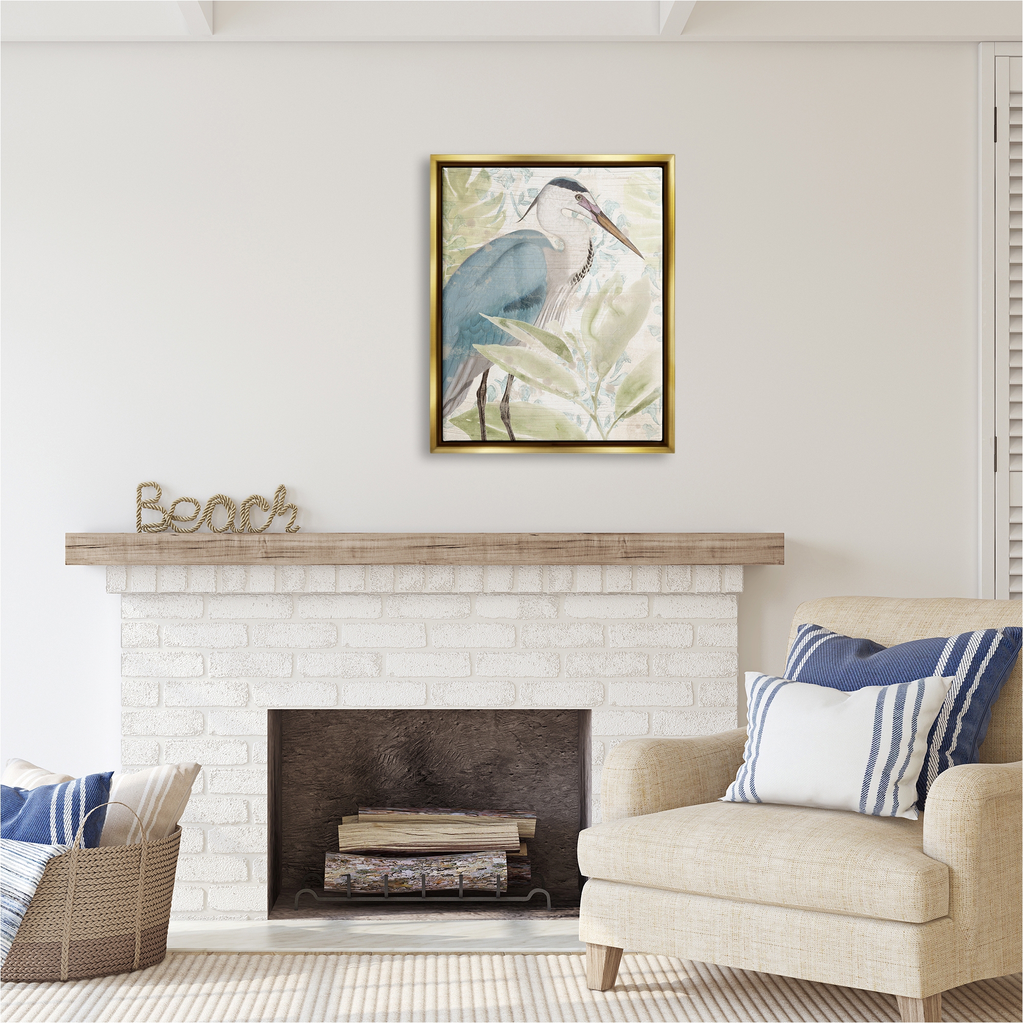 Stupell Industries Heron & Tropical Leaves Animals & Insects Painting Gold Floater Framed Canvas Art Print Wall Art, 25 x 31