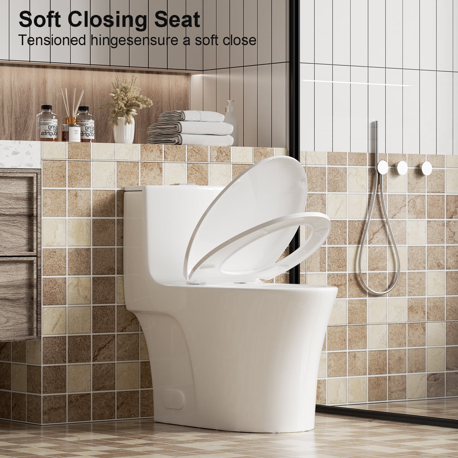 One-Piece Toilet,1.1/1.6 GPF Elongated Modern Toilet,Soft Closing Seat,Siphonic S-trap,Gloss White