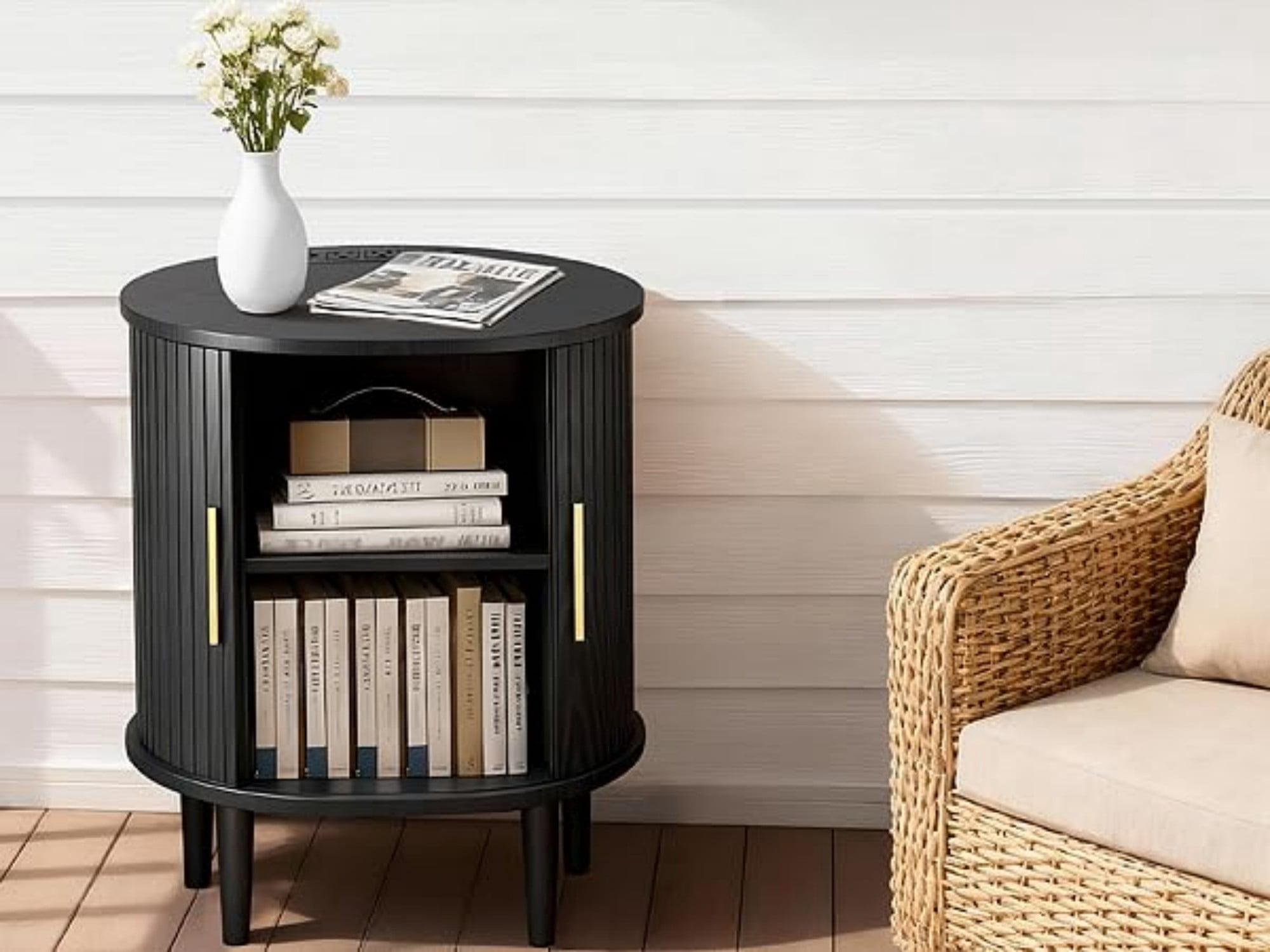 Mid Century Modern Nightstand with Charging Station, Fluted Side Table with Sliding Door & Adjustable Shelf, Black