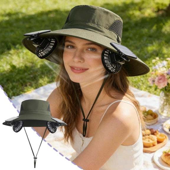 Outdoor Sun Hat with Solar Fan, Breathable Mesh Neck & Face Cover for Fishing, Hiking, Gardening - Waterproof, Adjustable, 3 Speed Fan Army Green