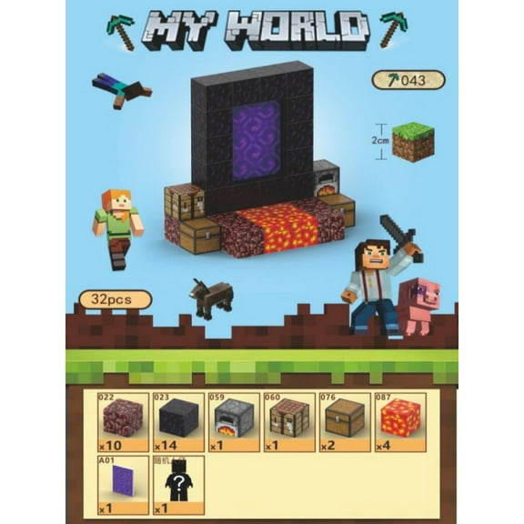 MC Pixelated Gates of Hell Magnetic Cube Building Kit with 1 Figures – Mine Adventure Theme (32 Blocks)