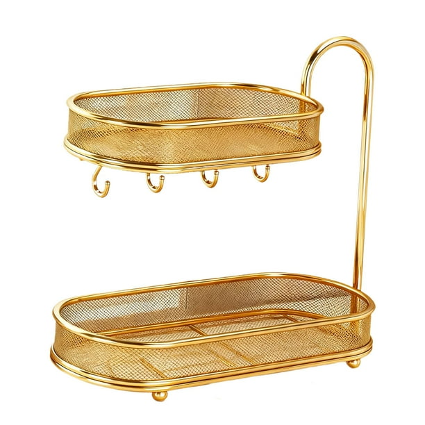 Organizador de encimera para baño, soporte para cosméticos, estante de pie de 2 niveles, organizador de maquillaje para tocador de baño o cocina Oro
