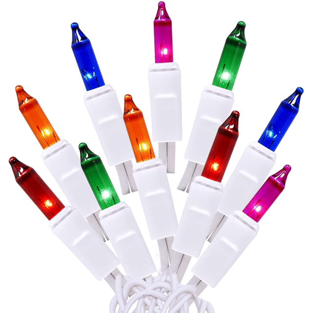 HTOOQ 100 Lumières de Noël Multicolores avec Fil Blanc – Qualité Professionnelle pour une Utilisation Intérieure / Extérieure – Statique + Clignotant, Certifié UL. Rouge, Jaune, Bleu, Vert -