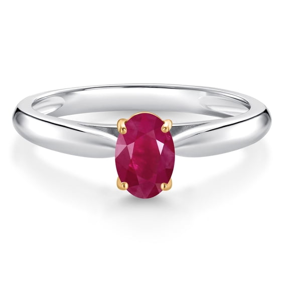 Gem Stone King 0.60 Ct Oval Red Ruby 10K White and Yellow Gold Solitaire Engagement Ring (Size 8)