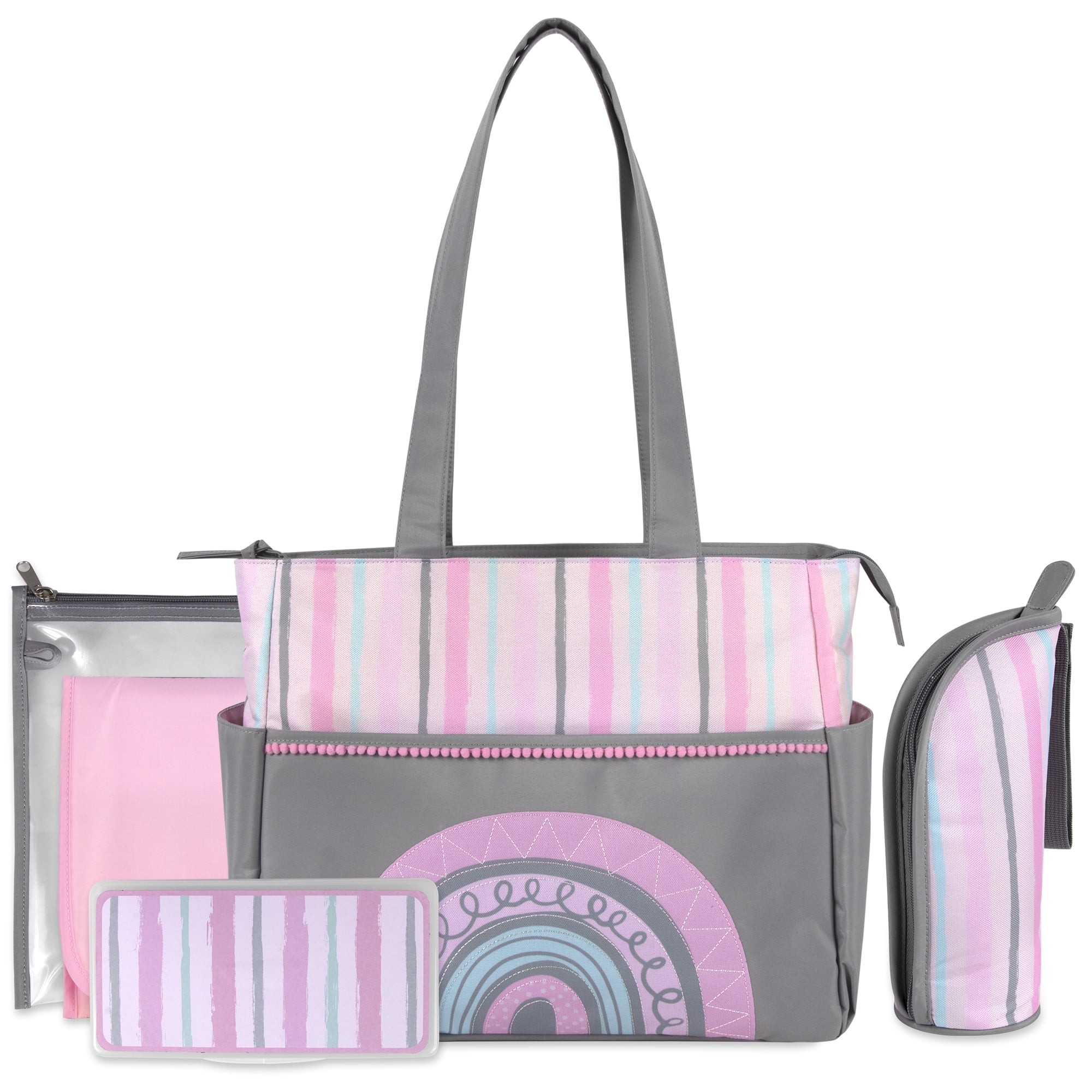 Baby Essentials Water Resistant Rainbow Tote Diaper Bag with Changing Pad, Multicolor, 5 Piece