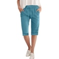 thumbnail image 1 of Pantalones de lino con cordón ajustable de color liso para mujer: corte recto holgado, largo 5/4, ropa informal para estar por casa con cintura elástica y bolsillos., 1 of 4