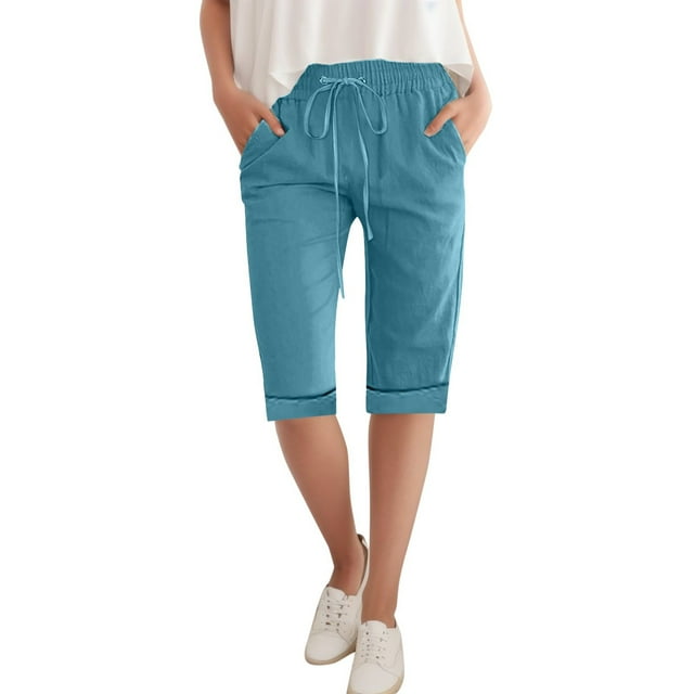 Pantalones de lino con cordón ajustable de color liso para mujer: corte recto holgado, largo 5/4, ropa informal para estar por casa con cintura elástica y bolsillos.