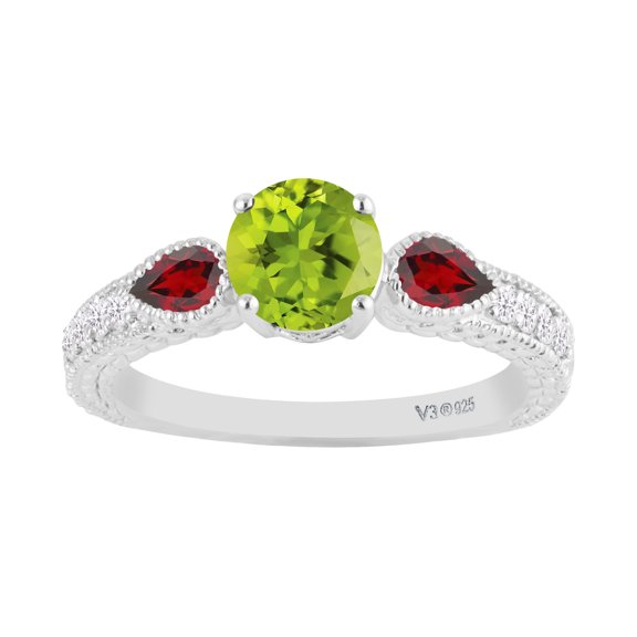 Sterling Silver with Natural Peridot, Garnet and White Zircon Three Stone Ring