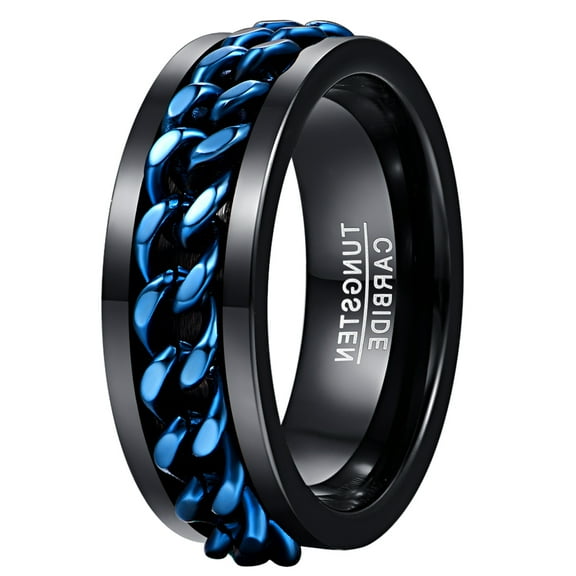 Men's 8mm Black Tungsten Carbide Ring with Blue Rotatable Chain Inlaid Comfort Fit Size 6-12