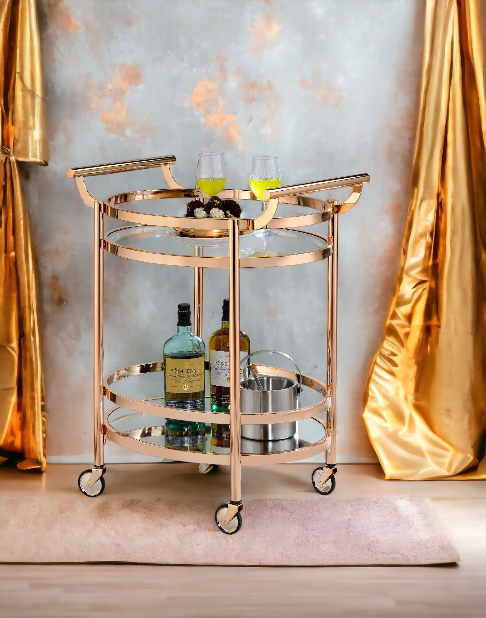 Clear Glass & Rose Gold Finish Serving Cart