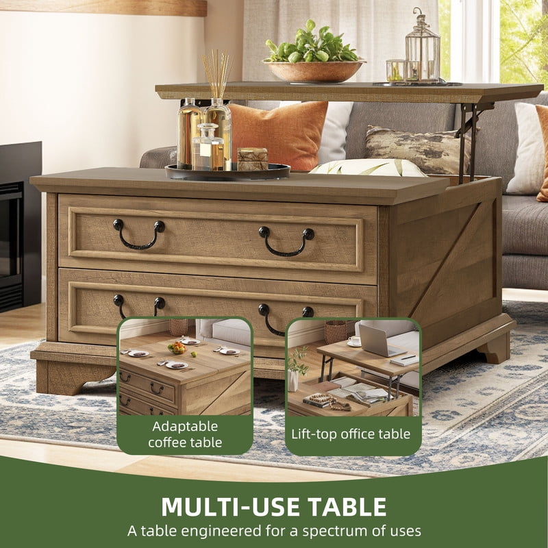 Uforic Farmhouse Lift Top Coffee Table with Storage, Square Center Dining Table with 2 Large Drawers, Rustic Brown