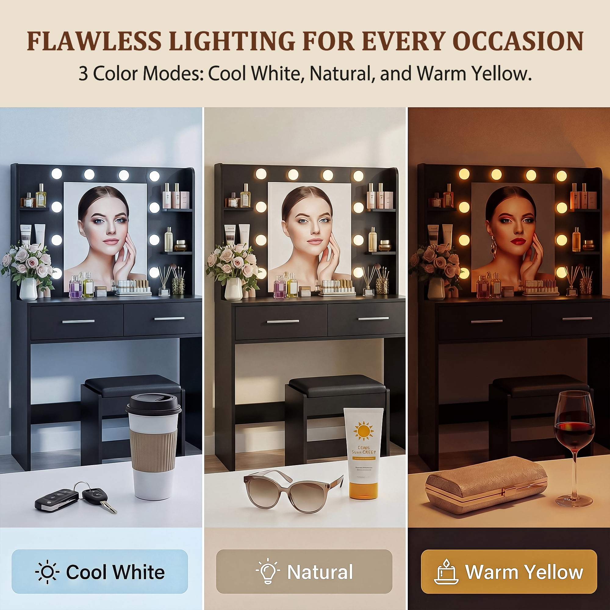 Homall Makeup Vanity Set with Mirror & Stool, Vanity Desk with LED Lights & Fast-Charging Outlet, Vanity Table for Bedroom Dressing Room, Black