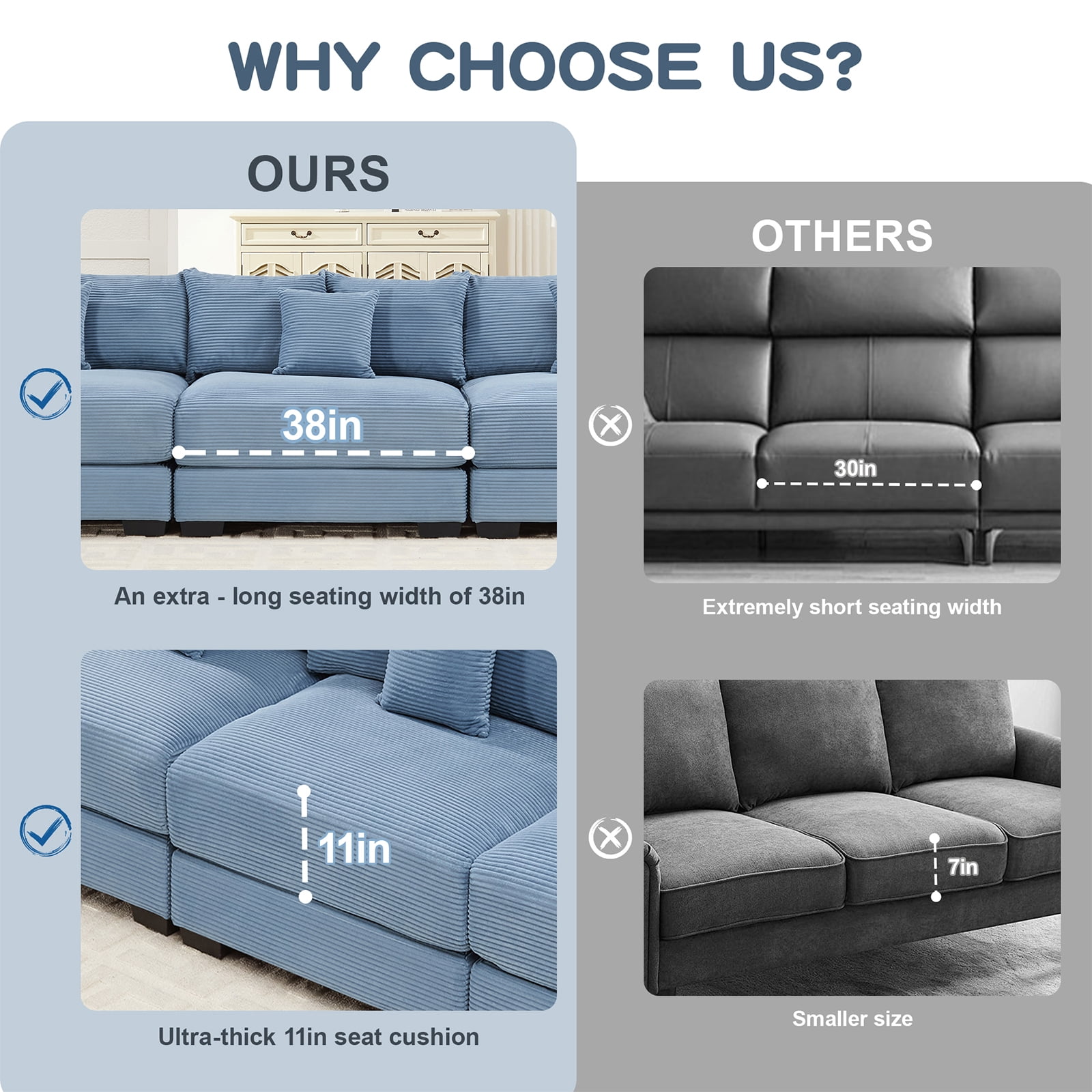 79" Modern Corduroy Sectional Couches for Living Room, Comfortable Corner Couch Sofa, Blue 2 Seater Corner Couch for Flexible Layout, Muebles para la Sala, Oversized Sofa Set