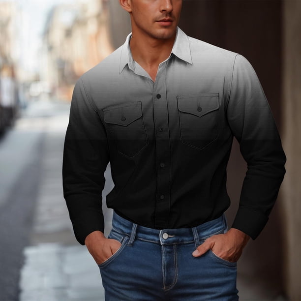 Blusa y camisa de manga larga con cuello vuelto para hombre, estilo informal, a la moda, con botones, bolsillos dobles y estampado degradado, camisa de trabajo de manga larga con cuello vuelto, blusa