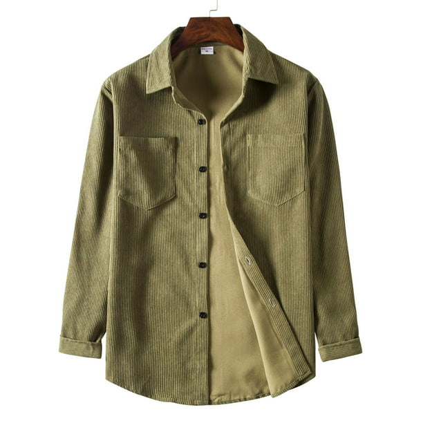 Capreze Mens Corduroy Shirts Fashion Button Down Blouse Vacation Tunic  Shirt Turn Collar Tops Army Green XL