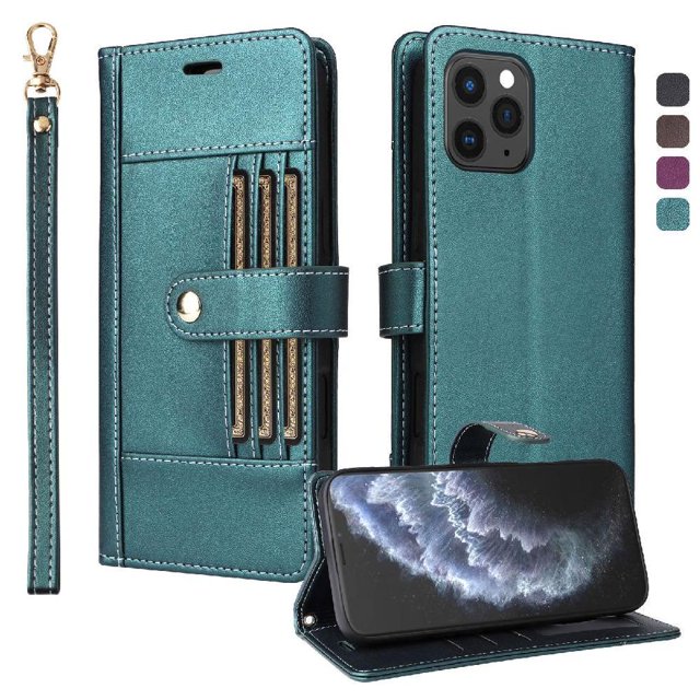 FOXDOCK Funda tipo Cartera para iPhone 13 Pro – Cubierta de Cuero PU con Múltiples Ranuras, Bolsillo para Efectivo y Correa de Muñeca