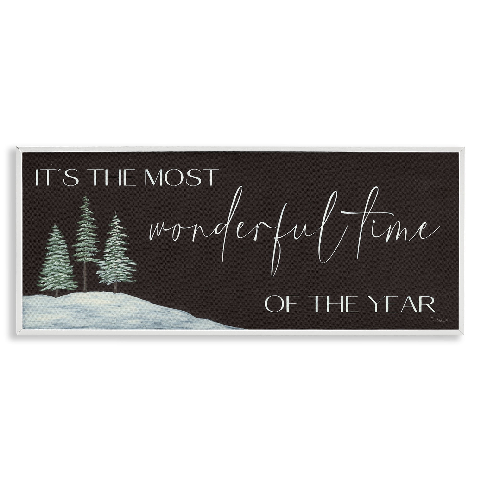 Most Wonderful Time Holiday Phrase Snowfield Trees Inspirational Graphic Art Framed Art Print Wall Art