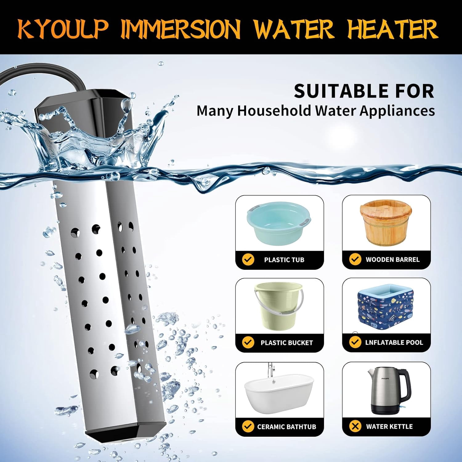 Portable Immersion Water Heater, 2000W, Stainless Steel, Above Ground Pool Heater with Digital LCD Thermometer
