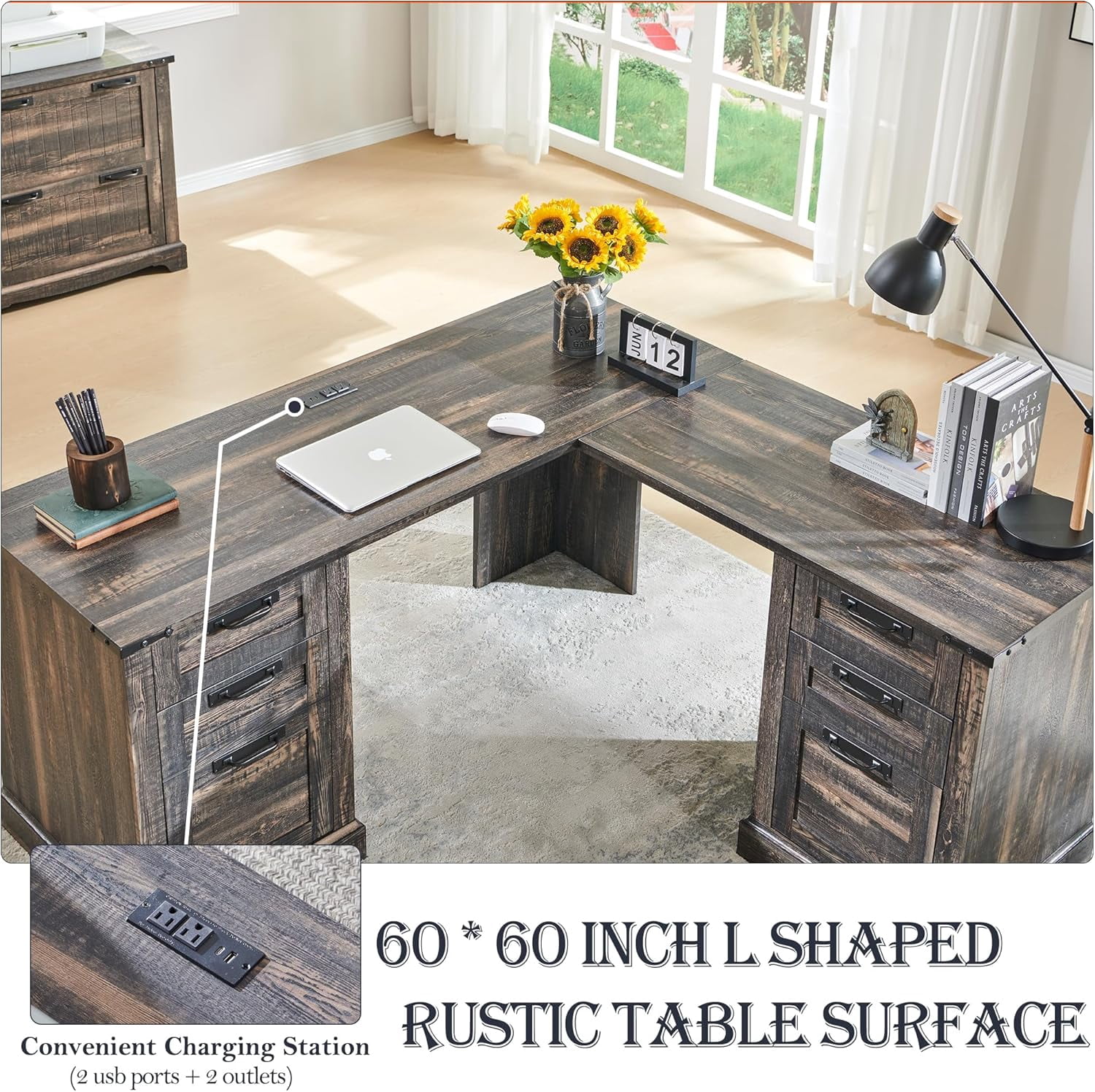 OKD 60" Farmhouse L Shaped Executive Desk with Storage Drawers, Wood Home Office Desk with File Cabinet & Charging Station, Dark Rustic Oak