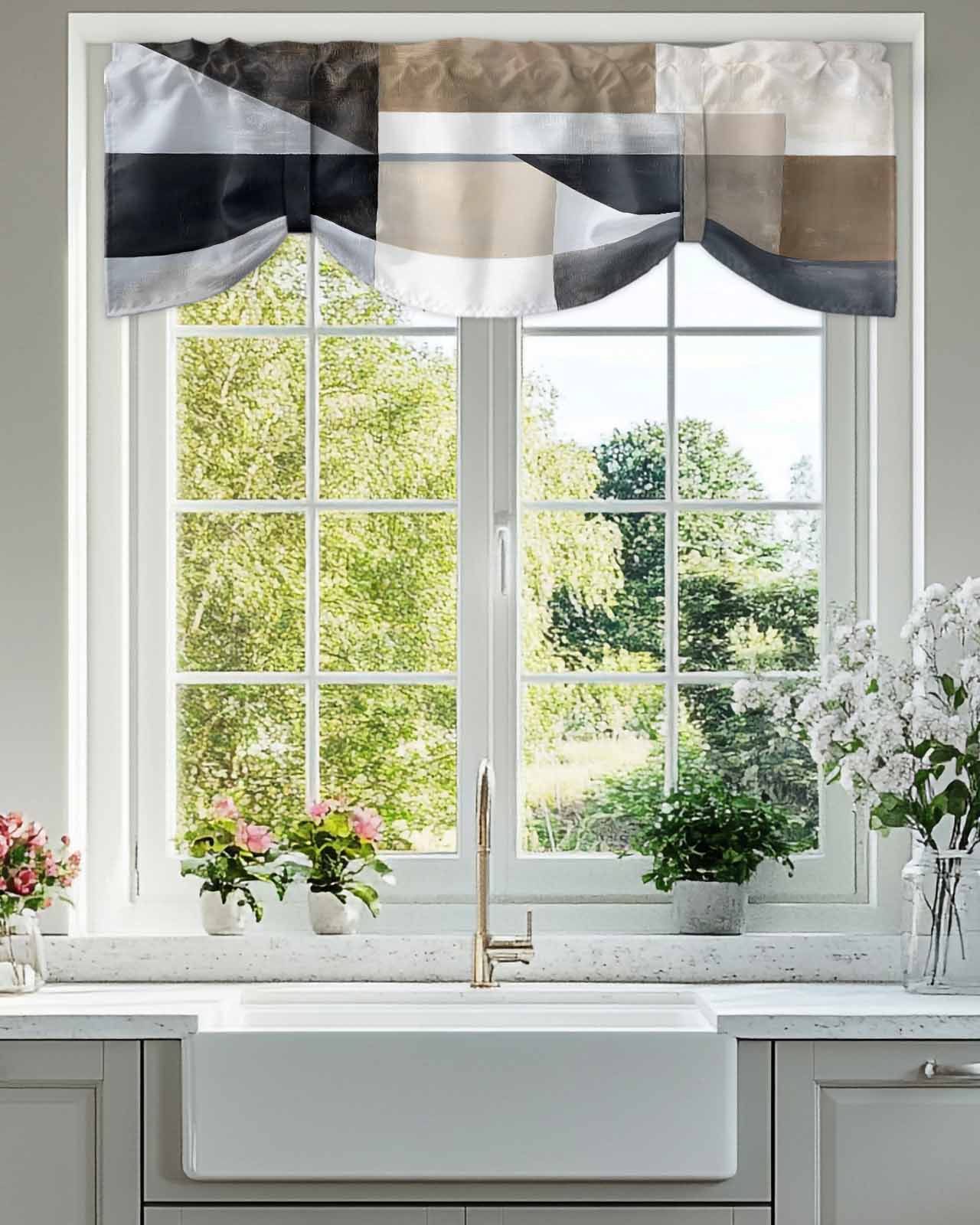 Abstract Black Brown White Tie Up Valances Curtain, Modern Art Brown Grey Kitchen Valances for Windows Decor, Rod Pocket Short Curtains Set for Bedroom/Bathroom, 60"x18"