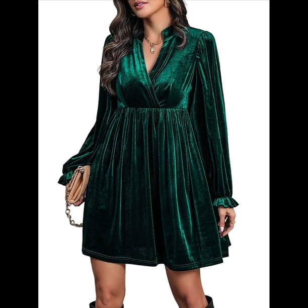 Vestido Elegante Retro Corto Holgado con Escote en V y Larga de Terciopelo de Color Liso para Mujer, Ropa de Moda para Otoño e Invierno. Verde Oscuro S