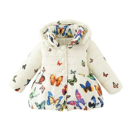 Funcee 0-24M Infant Baby Girl Winter Butterfly Printed Zipper Warm Coat Kids Down Jacket