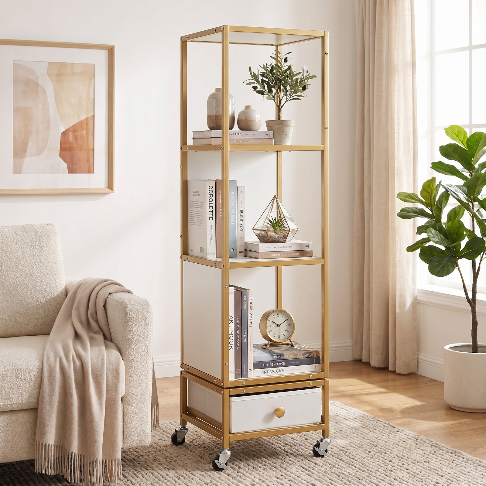Furnibear 4-Tier Rotating Bookshelf on Wheels with Removable Drawer for Living Room Home Office Bedroom Display Storage Shelf, White