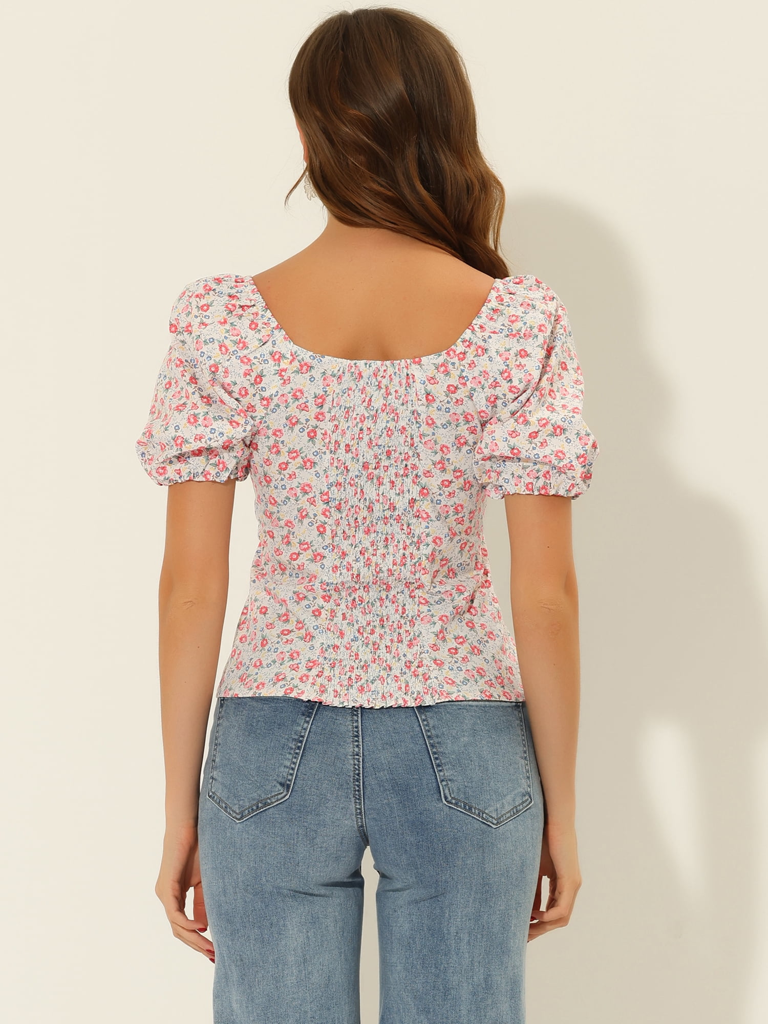 DARING DIVA Puff Sleeve Sweetheart Neck Smocked Floral Top M White Red